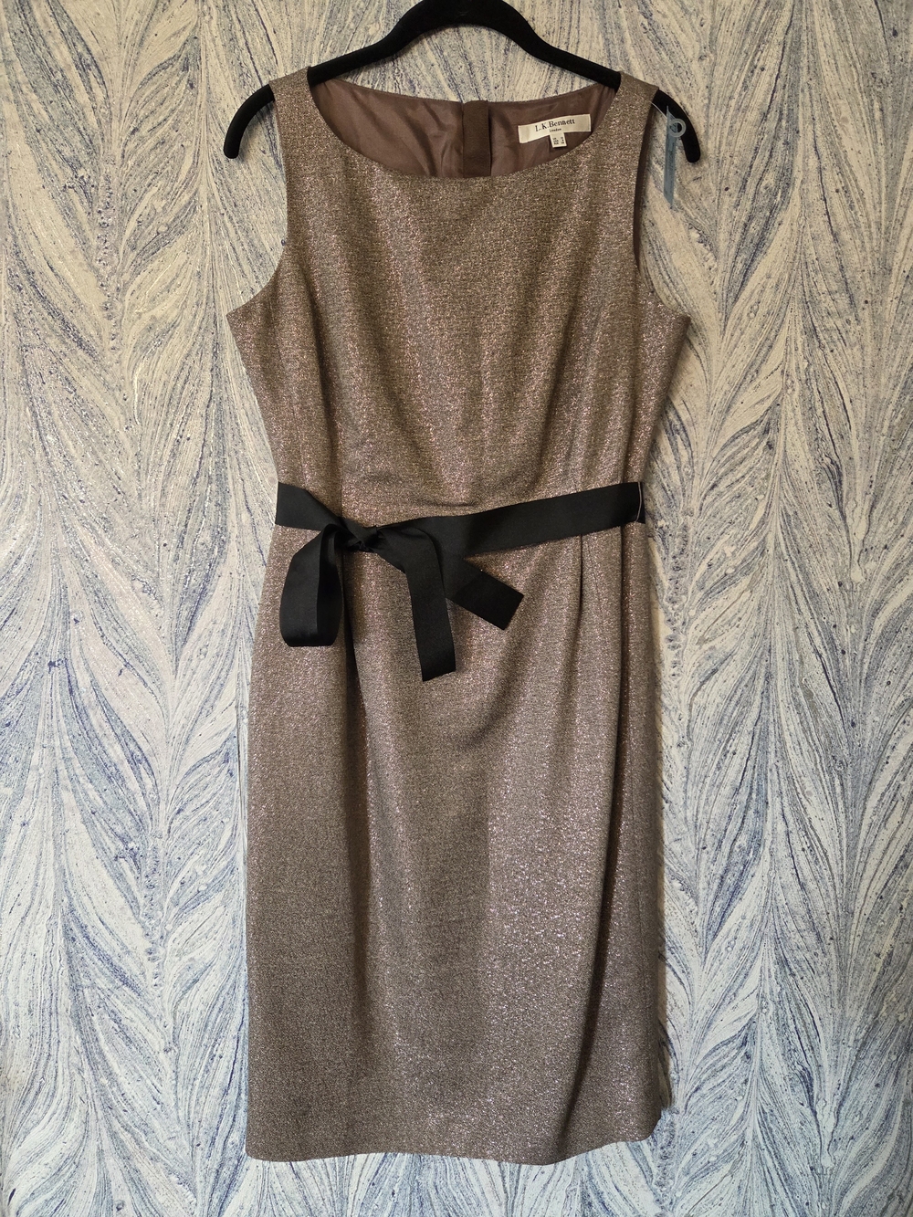 LK Bennett Bronze Metallic Midi Dress with Black Bow Size 6